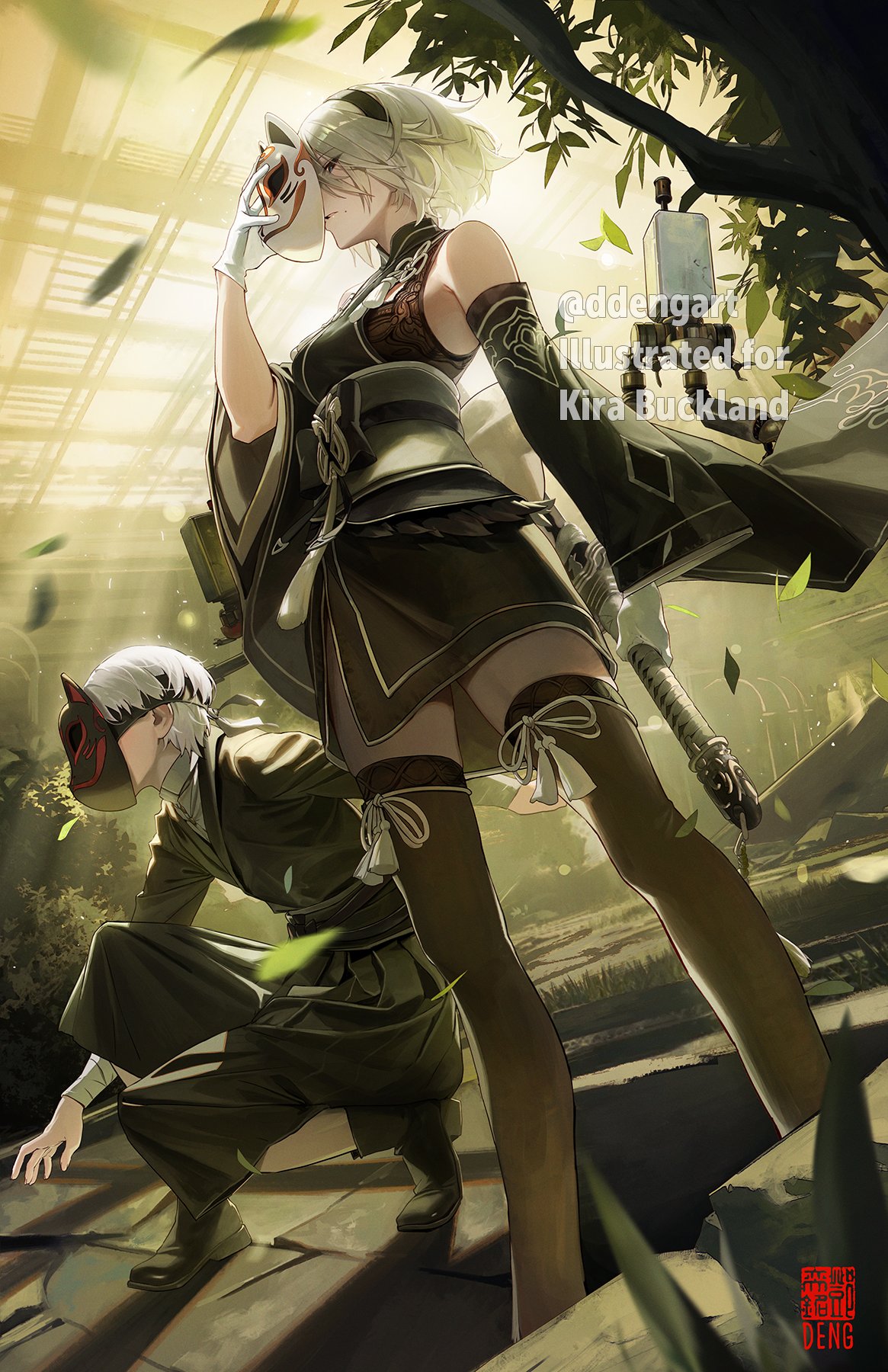 1boy 1girl commission daniel_deng detached_sleeves fox_mask gloves grey_hair hairband highres holding holding_sword holding_weapon japanese_clothes kimono kneeling looking_at_viewer mask mask_removed nier:automata nier_(series) official_alternate_costume pod_(nier:automata) short_hair short_kimono standing sword thighhighs weapon white_gloves yorha_no._2_type_b yorha_no._9_type_s