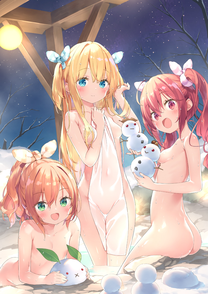 :d ahoge ass bangs bare_tree blonde_hair blue_eyes blush breasts brown_hair cloud collarbone convenient_censoring covered_navel fang green_eyes hair_ribbon hazuki_watora highres holding holding_towel kani_biimu long_hair looking_at_viewer minazuki_sarami multiple_girls night onsen open_mouth original outdoors partially_submerged ponytail red_eyes red_hair ribbon shimotsuki_potofu sitting sky small_breasts smile snow_bunny snowman standing star_(sky) starry_sky steam towel tree twintails two_side_up water wet