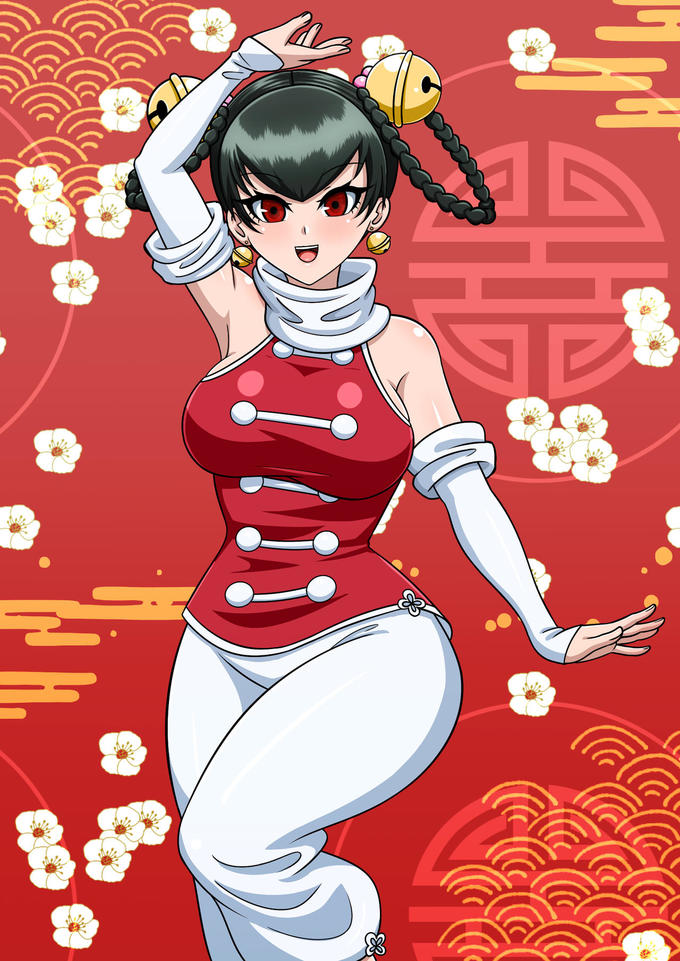 1girl arm_up bare_shoulders bell bell_earrings black_hair blush braid breasts china_dress chinese_clothes daisy detached_sleeves dress earrings floral_background flower hair_bell hair_ornament jewelry jingle_bell lily_(flower) lin_lin_(one-punch_man) medium_breasts one-punch_man open_mouth pants red_background red_eyes rising_sun_flag scarf smile solo standing sunburst twin_braids white_flower white_pants yensh