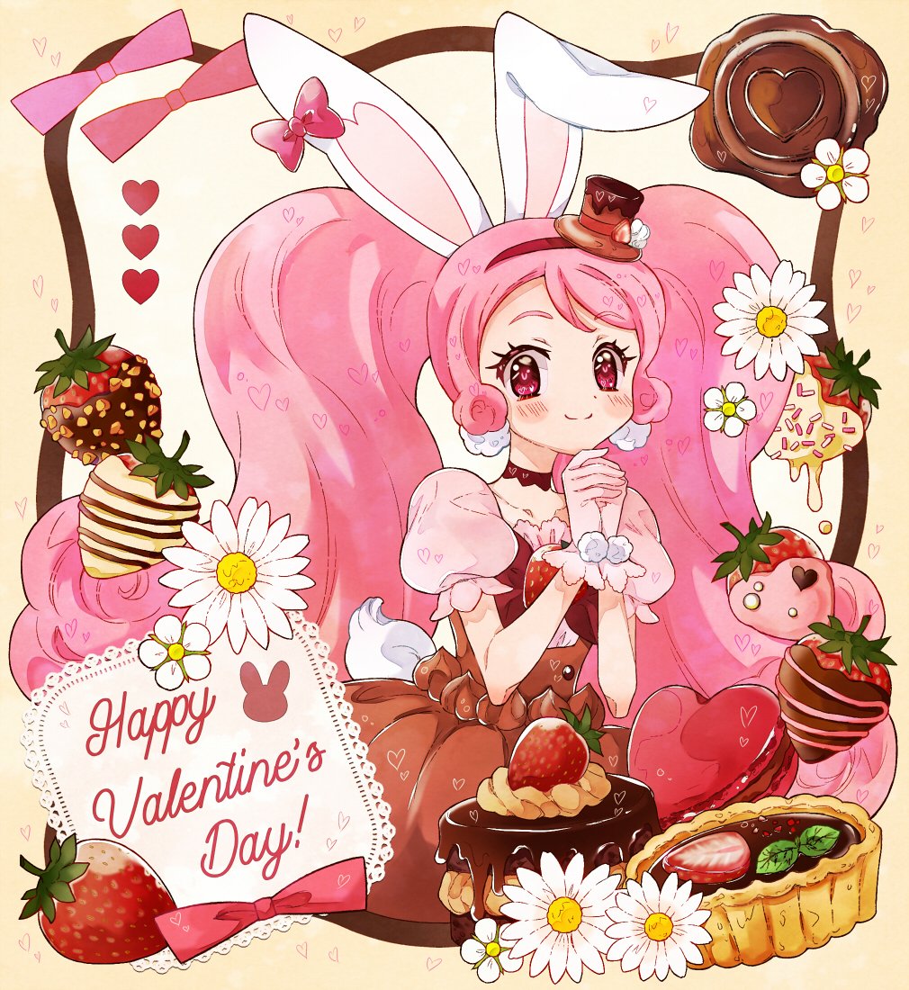 1girl adapted_costume animal_ears bangs big_hair brown_dress cake_hair_ornament chocolate closed_mouth commentary cure_whip cursive daffodil dress earrings english_text flower food food-themed_hair_ornament fruit gloves hair_ornament happy_valentine hat heart jewelry kirakira_precure_a_la_mode long_hair looking_at_viewer macaron magical_girl mini_hat mini_top_hat nene_(oneoneo13) own_hands_together pink_eyes pink_gloves pink_hair pom_pom_(clothes) pom_pom_earrings precure puffy_short_sleeves puffy_sleeves rabbit_ears rabbit_tail short_sleeves smile solo strawberry tail tart_(food) tilted_headwear top_hat usami_ichika valentine white_gloves