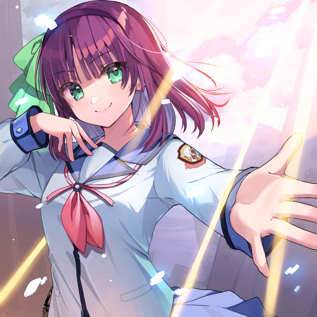 1girl angel_beats! bangs blue_skirt blunt_bangs bow closed_mouth green_bow green_eyes hair_bow hairband heaven_burns_red long_sleeves looking_at_viewer medium_hair nakamura_yuri neckerchief pink_neckerchief purple_hair school_uniform shinda_sekai_sensen_uniform shirt skirt smile solo sunlight white_shirt yushima