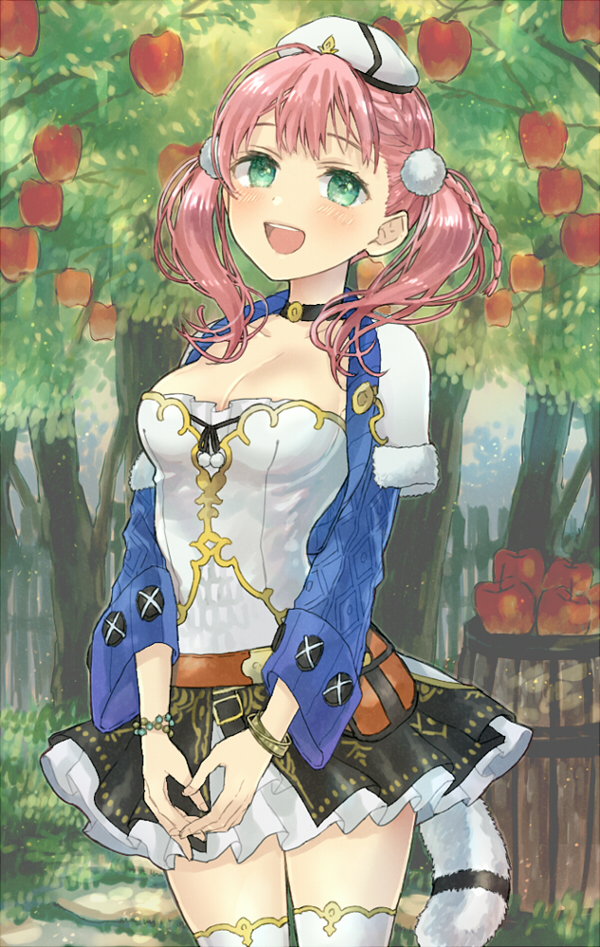1girl apple atelier_(series) atelier_escha_&amp;_logy barrel belt_pouch black_skirt blush bracelet braid breasts choker cleavage escha_malier food fruit fur_trim green_eyes hair_ornament hani_(udauda) hat jewelry long_hair looking_at_viewer medium_breasts open_mouth outdoors pink_hair pouch skirt smile solo standing tail thighhighs tree twintails