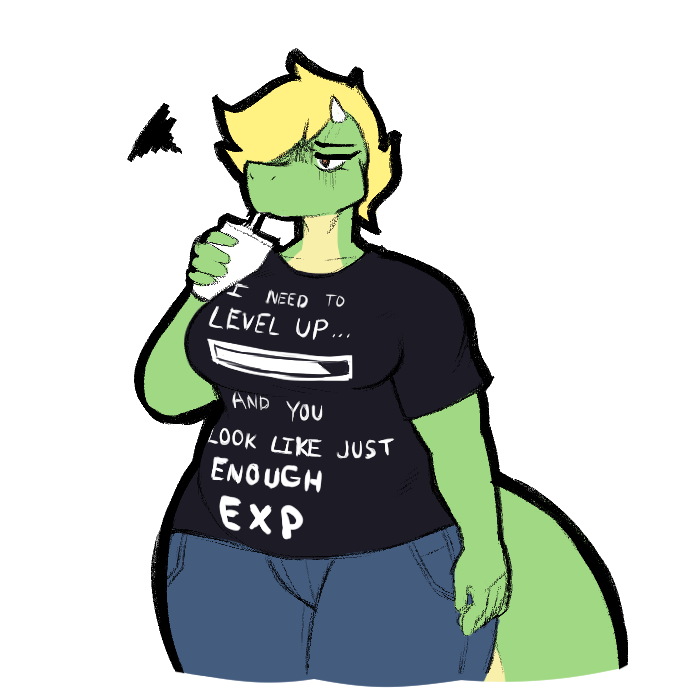 anthro blonde_hair bottomwear breasts clothed clothing container cup denim denim_clothing digitalpelican drinking drinking_straw female fully_clothed green_body green_scales hair horn jeans lizard pants reptile sasha_(digitalpelican) scales scalie shirt solo text text_on_clothing text_on_shirt text_on_topwear topwear