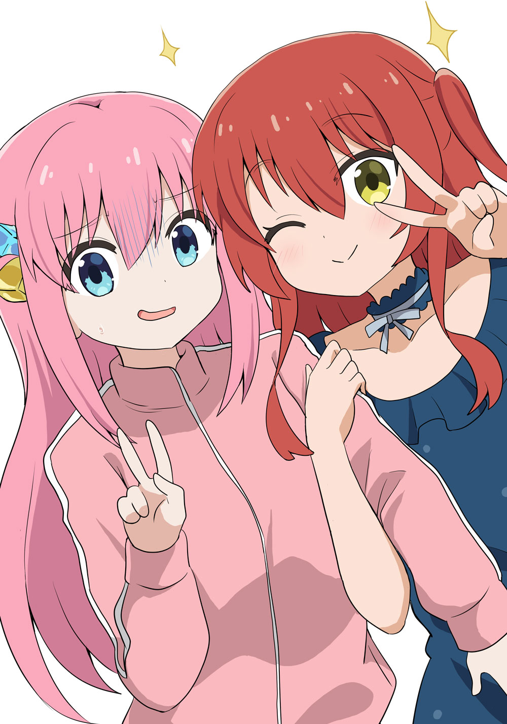 2girls ;) bangs blue_dress blue_eyes bocchi_the_rock! collarbone commentary_request cube_hair_ornament dress dutch_angle gotou_hitori green_eyes hair_between_eyes hair_ornament hands_up highres jacket kita_ikuyo locked_arms long_hair long_sleeves looking_at_viewer massala multiple_girls nervous_smile one_eye_closed one_side_up pink_hair pink_jacket red_hair simple_background smile sparkle track_jacket turn_pale v very_long_hair white_background