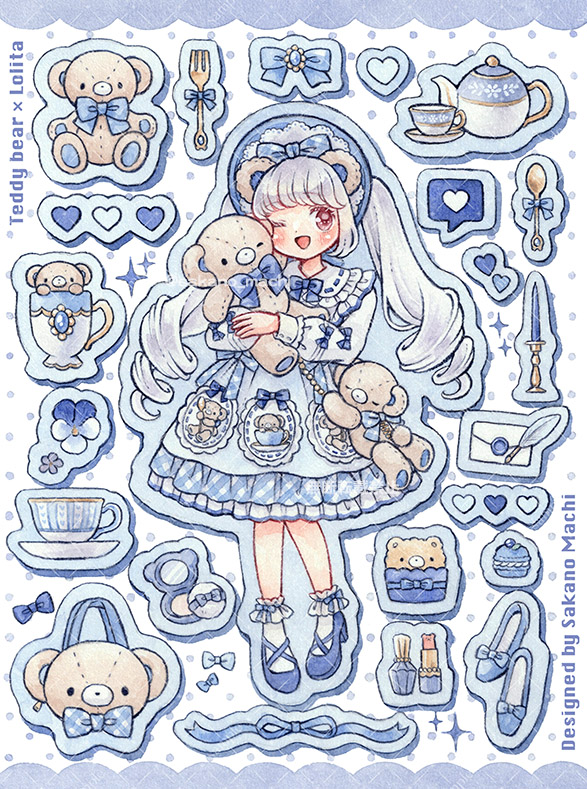 1girl ;d animal_bag animal_ears animal_print artist_name bag bangs bear_ears bear_print blue_bow blue_dress blue_flower blue_footwear blue_hair blue_headwear blue_outline blue_ribbon blue_theme blush bonnet bow bow_removed brooch candle candlestand center_frills collared_dress commentary_request compact_(cosmetics) cosmetics cup cupcake dotted_background dress dress_bow drill_hair english_text envelope equipment_layout flower food footwear_bow fork frilled_dress frilled_socks frills full_body hand_mirror handbag happy heart holding holding_stuffed_toy in_container in_cup jewelry light_blue_hair lipstick_tube lolita_fashion long_hair long_sleeves looking_at_viewer macaron mirror multicolored_clothes multicolored_dress nail_polish_bottle one_eye_closed open_mouth original outline painting_(medium) plaid plaid_dress print_dress purple_eyes quill ribbon sakano_machi saucer shoes shoes_removed sleeve_cuffs smile socks solo spoken_heart sticker stuffed_animal stuffed_toy teacup teapot teddy_bear traditional_media twintails two-tone_headwear watercolor_(medium) wax_seal white_background white_flower white_socks