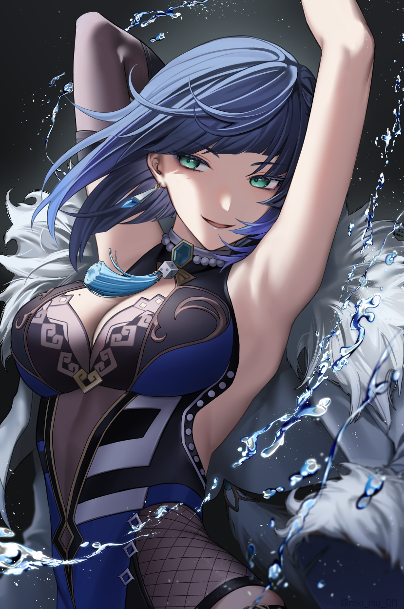 1girl :d armpits arms_up bangs black_gloves black_hair blue_hair blunt_bangs breasts cleavage cleavage_cutout clothing_cutout coat coat_removed dice earrings elbow_gloves fur-trimmed_coat fur_trim genshin_impact gloves gradient_hair green_eyes highres jewelry large_breasts looking_at_viewer mole mole_on_breast multicolored_hair open_mouth roki_(shouka65) short_hair single_glove smile solo tassel upper_body water yelan_(genshin_impact)