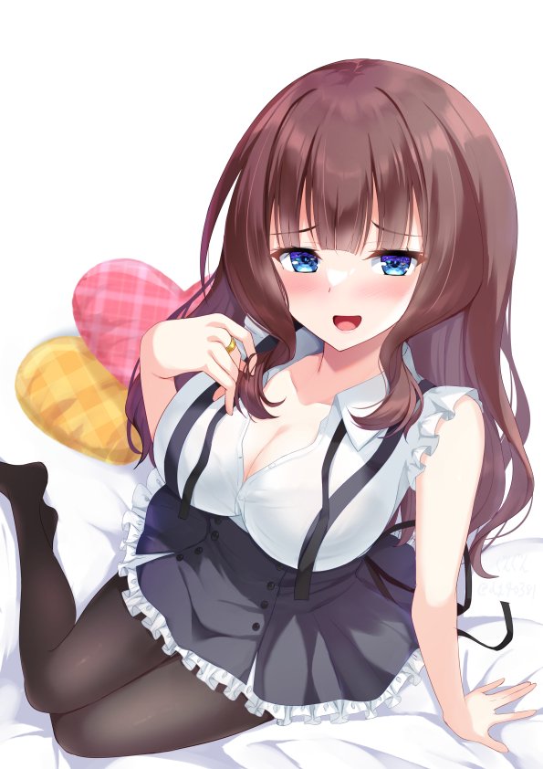 1girl arm_at_side assault_lily bangs bed_sheet black_ribbon black_skirt blunt_bangs blush breasts brown_hair brown_pantyhose cleavage collarbone collared_shirt commentary foot_out_of_frame frilled_shirt frilled_skirt frills from_above gungun_(hakutou7887) hand_up heart heart_pillow high-waist_skirt jewelry kaede_johan_nouvel large_breasts long_hair looking_up miniskirt neck_ribbon no_shoes open_mouth pantyhose partially_unbuttoned pillow raised_eyebrows ribbon ring school_uniform shirt sidelocks simple_background sitting skirt sleeveless sleeveless_shirt smile solo suspender_skirt suspenders undone_neck_ribbon wavy_hair white_background white_shirt yokozuwari yurigaoka_girls_academy_school_uniform