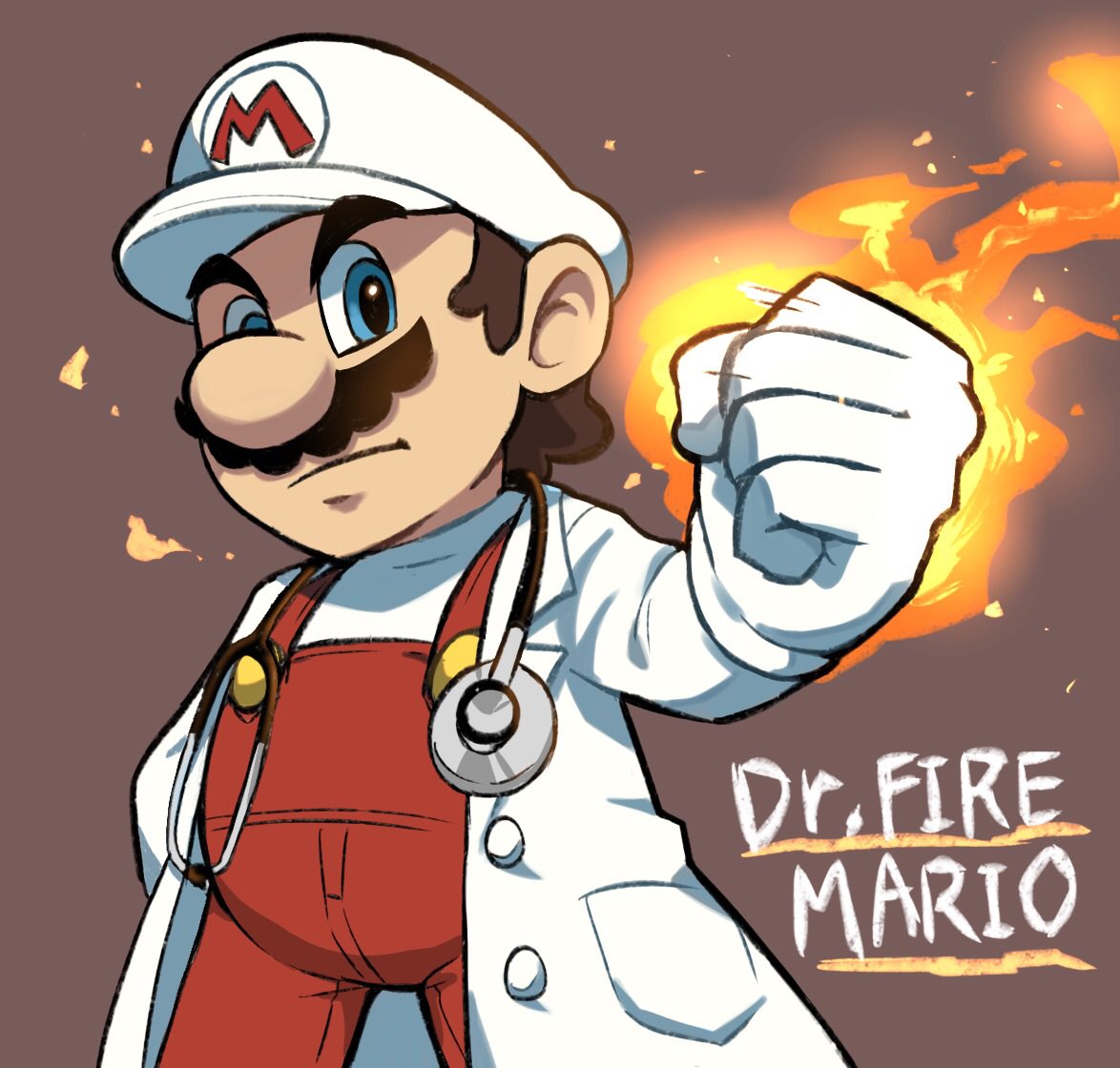 1boy blue_eyes brown_background brown_hair dr._fire_mario dr._mario dr._mario_(game) english_text facial_hair fire fire_mario gloves hat looking_at_viewer mario mario_(series) mustache overalls red_overalls shirt simple_background stethoscope white_gloves white_headwear white_shirt ya_mari_6363