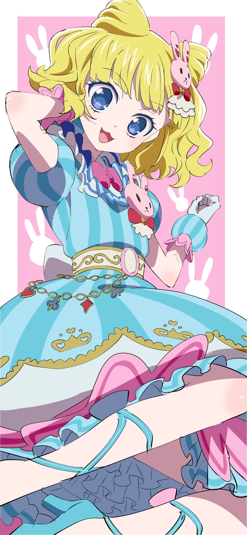 1girl bangs belt blonde_hair blue_dress blue_eyes blue_footwear blue_gloves blunt_bangs cone_hair_bun double_bun dress edamame_(buruburu) gloves hair_bun hair_ornament highres idol minami_mirei open_mouth pretty_(series) pripara rabbit_hair_ornament short_hair smile solo striped striped_dress vertical-striped_dress vertical_stripes