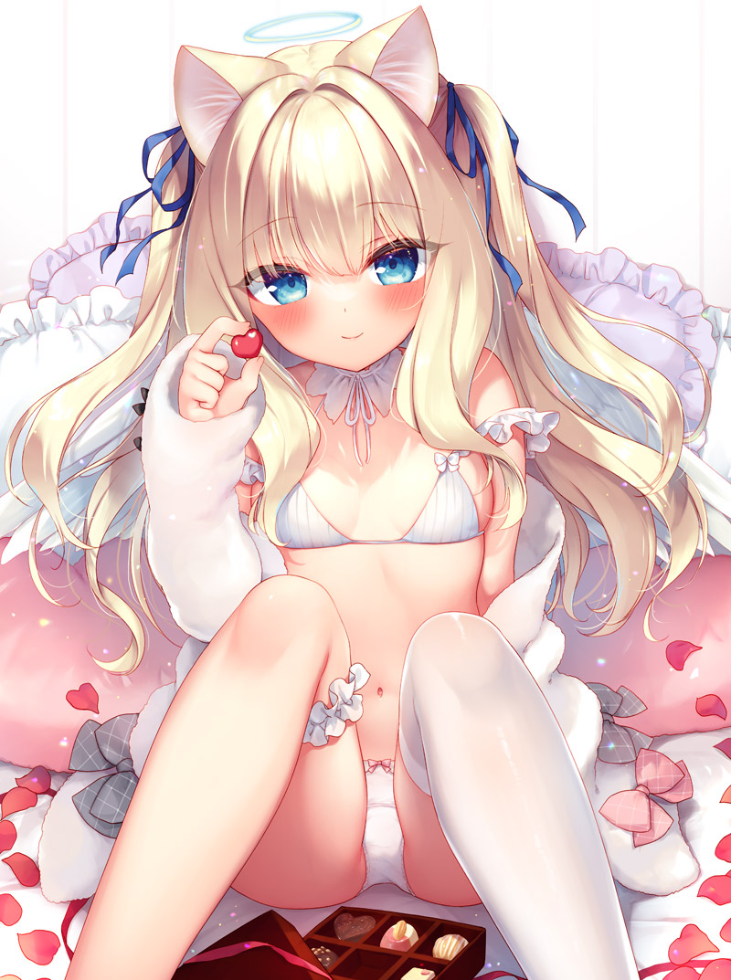 1girl angel angel_wings animal_ears bangs blonde_hair blue_eyes blue_ribbon blush bow bow_bra bow_panties box box_of_chocolates bra cat_ears chocolate closed_mouth commentary_request feathered_wings feet_out_of_frame frilled_pillow frills grey_bow hair_ribbon halo hand_up heart holding jacket knees_up long_sleeves looking_at_viewer off_shoulder open_clothes open_jacket original panties petals pillow pink_bow ribbon sazaki_ichiri single_thighhigh sitting sleeves_past_wrists smile solo thighhighs two_side_up underwear white_bra white_jacket white_panties white_thighhighs white_wings wings