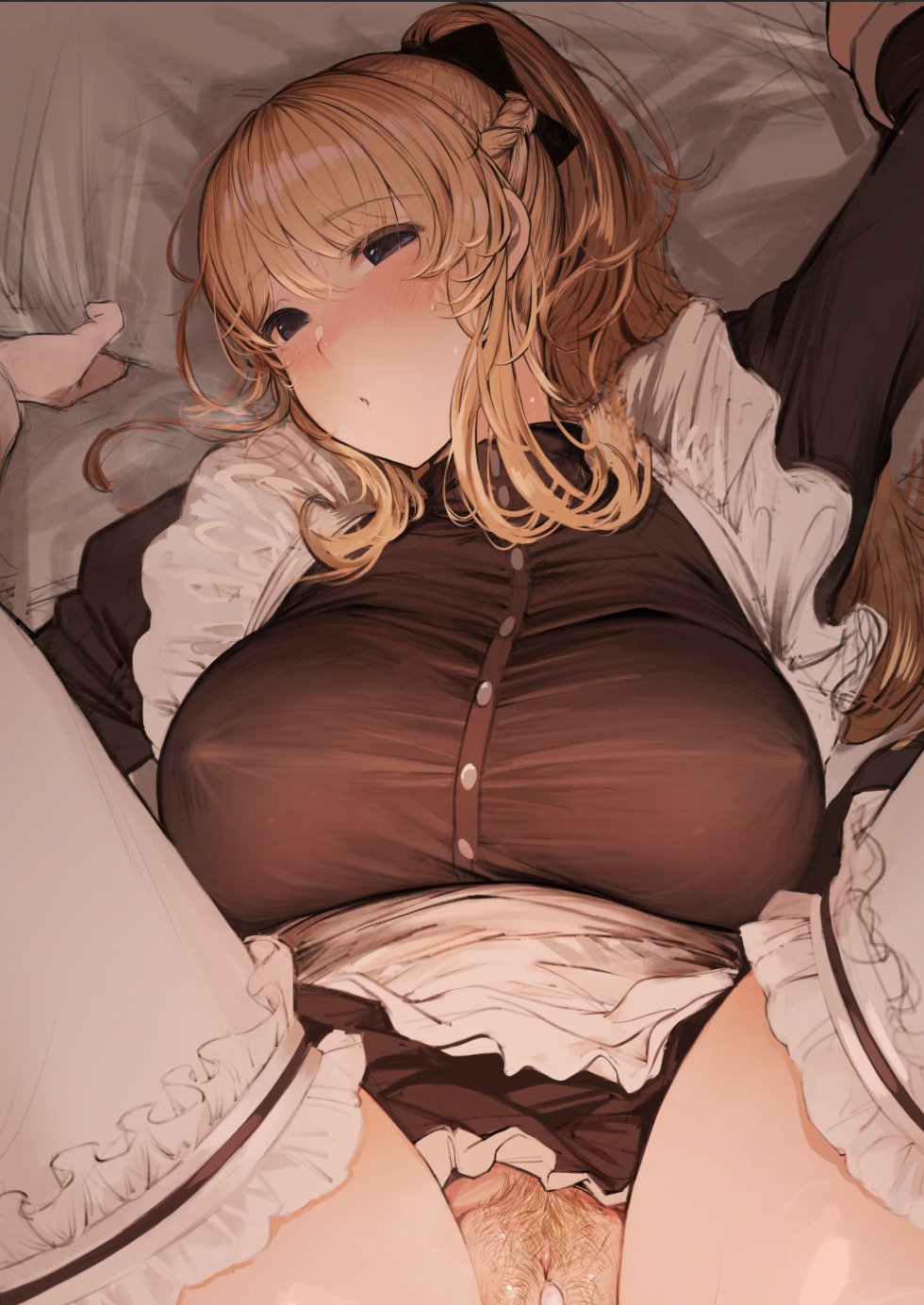1girl apron bangs black_dress blonde_hair blush braid breasts covered_nipples cum cum_in_pussy dress female_pubic_hair french_braid frilled_apron frilled_thighhighs frills from_above high_ponytail highres koruse large_breasts lying maid maid_apron on_back original pillow pillow_grab pubic_hair pussy sidelocks solo thighhighs unfinished waist_apron white_apron