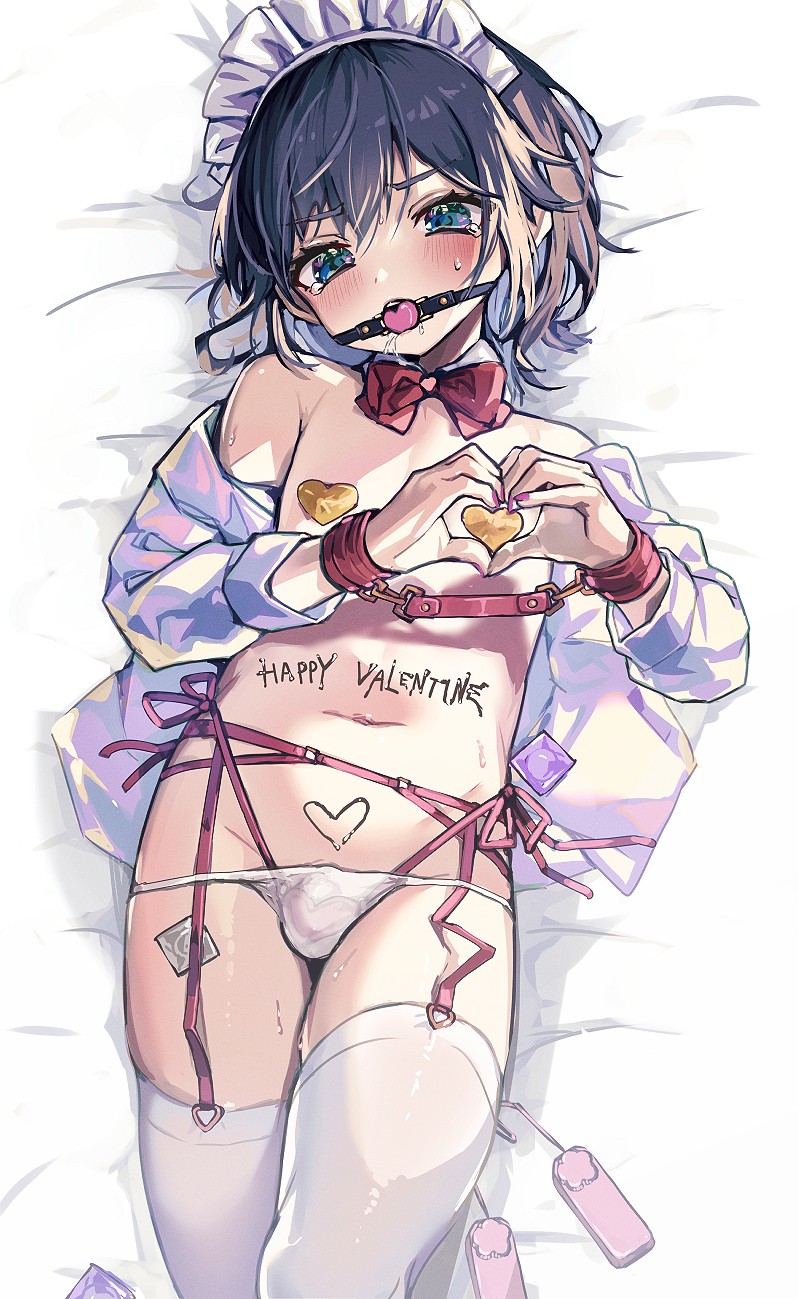 1boy ball_gag bare_shoulders bdsm bed_sheet black_hair blue_eyes blush body_writing bondage bound bound_wrists bow bowtie bulge chocolate chocolate_on_body commentary_request condom condom_wrapper cowboy_shot cuffs detached_collar food_on_body gag gagged garter_belt groin happy_valentine heart heart-shaped_boob_challenge heart_bikini heart_hands heart_pasties highres knee_up looking_at_viewer lying maid_headdress male_focus multiple_condoms nail_polish navel off_shoulder on_back on_bed open_clothes open_shirt original otoko_no_ko paid_reward_available panties panty_pull pasties penis_in_panties pink_nails red_bow red_bowtie remote_control_vibrator sex_toy shirt short_hair solo sweat tears thighhighs traditional_bowtie underwear v-shaped_eyebrows valentine vibrator white_panties white_shirt white_thighhighs yoruhachi