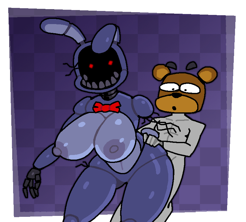 1_arm ambiguous_gender animatronic anthro areola big_breasts bow_tie breasts cotton_tail crushtrap duo exposed_endoskeleton female five_nights_at_freddy's five_nights_at_freddy's_2 grey_areola grey_body grey_nipples huge_breasts human lagomorph leporid machine male male/female mammal mask nipples one_ear_up purple_background purple_body rabbit red_eyes robot scottgames sex simple_background thick_thighs white_background wide_hips wire withered_bonnie_(fnaf)