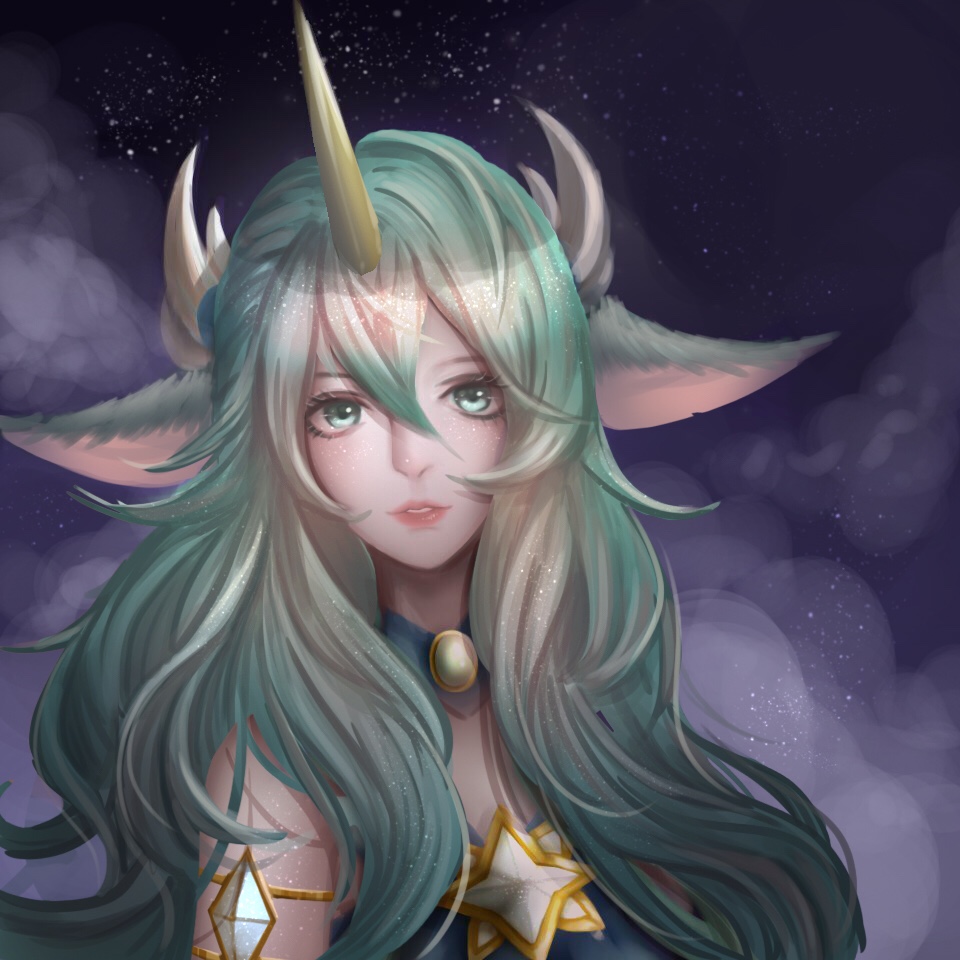 1girl bangs green_eyes green_hair horns league_of_legends long_hair night outdoors parted_lips pointy_ears saikayo single_horn sky smile solo soraka_(league_of_legends) star_(sky) star_(symbol) star_guardian_(league_of_legends) star_guardian_soraka starry_sky teeth upper_body