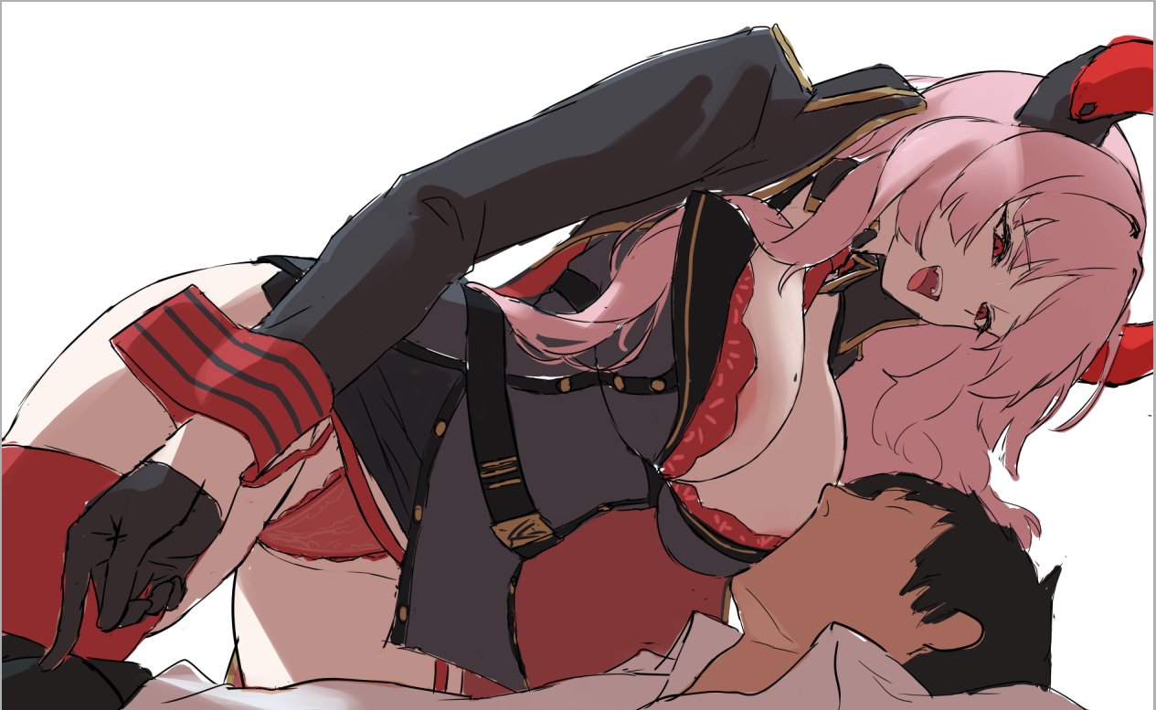 1boy 1girl areola_slip bangs belt black_gloves blue_archive bra breasts from_below garter_straps gloves hand_on_another's_crotch horns large_breasts leaning_on_person long_hair looking_at_another messy_hair military military_uniform open_mouth panties pink_hair red_bra red_eyes red_garter_straps red_panties red_thighhighs red_wrist_cuffs satsuki_(blue_archive) school_uniform sensei_(blue_archive) shaded_face smug straddling teeth thighhighs underwear unfinished uniform white_background wrist_cuffs zi_se
