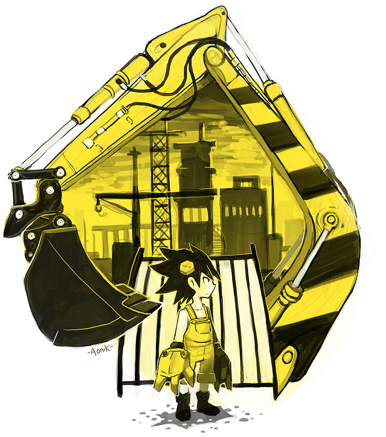 1boy aonik artist_name black_footwear black_hair construction_site excavator hair_ornament jumbor jumbor_balutronica overalls scaffolding standing white_background winch yellow_theme