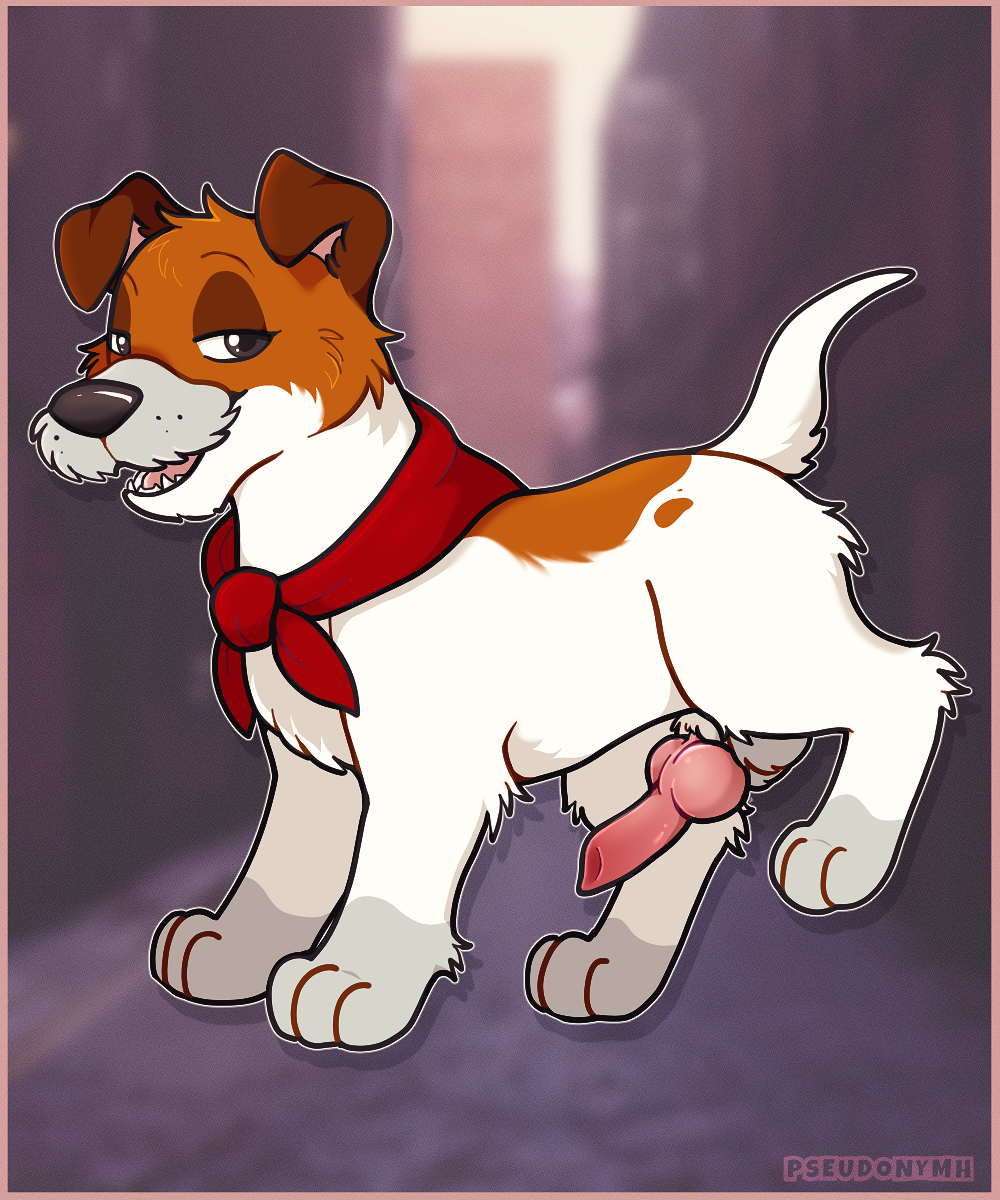 canid canine canis city city_background disney dodger_(disney) domestic_dog feral fur hi_res hunting_dog jack_russell_terrier knot male mammal multicolored_body multicolored_fur oliver_and_company pseudonymh raised_leg smug solo terrier