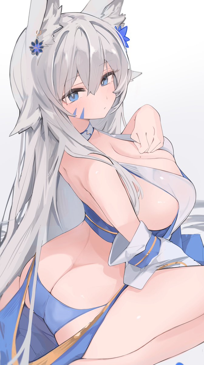 1girl animal_ear_fluff animal_ears ass backless_outfit bangs blue_eyes blue_panties breasts cleavage commission detached_sleeves facial_mark flower fox_ears fox_girl from_behind grey_hair hair_between_eyes hair_flower hair_ornament hand_on_own_chest huge_breasts indie_virtual_youtuber long_hair looking_at_viewer mikozin mole mole_on_breast panties sakae_izumi second-party_source skeb_commission solo underwear very_long_hair virtual_youtuber whisker_markings