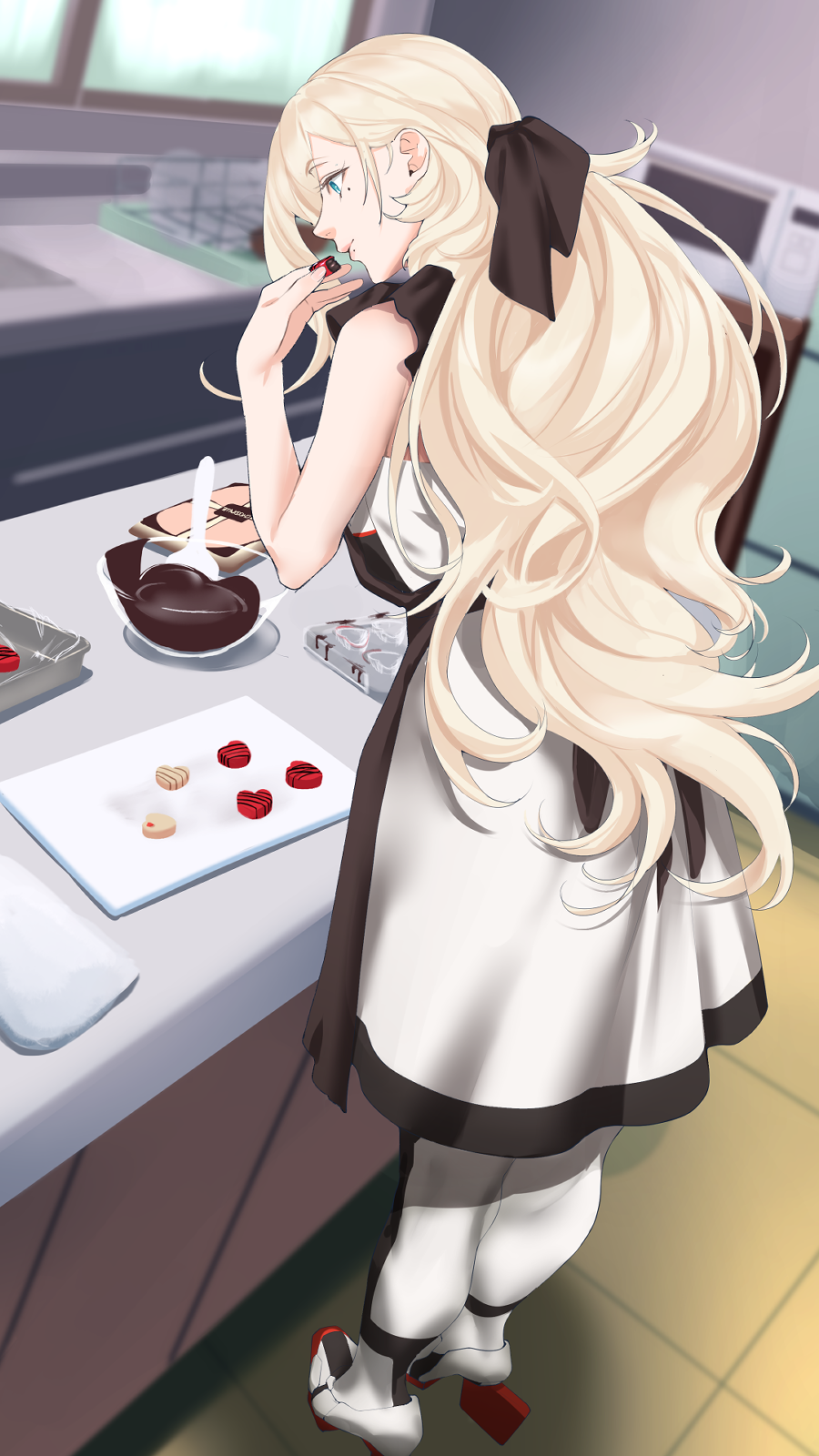 1girl apron black_apron black_dress blonde_hair blue_eyes bowl chocolate cooking dress highres kantai_collection kitchen long_hair microwave mole mole_under_eye mole_under_mouth richelieu_(kancolle) shingyou_(alexander-13) solo standing strapless strapless_dress two-tone_dress valentine very_long_hair white_dress