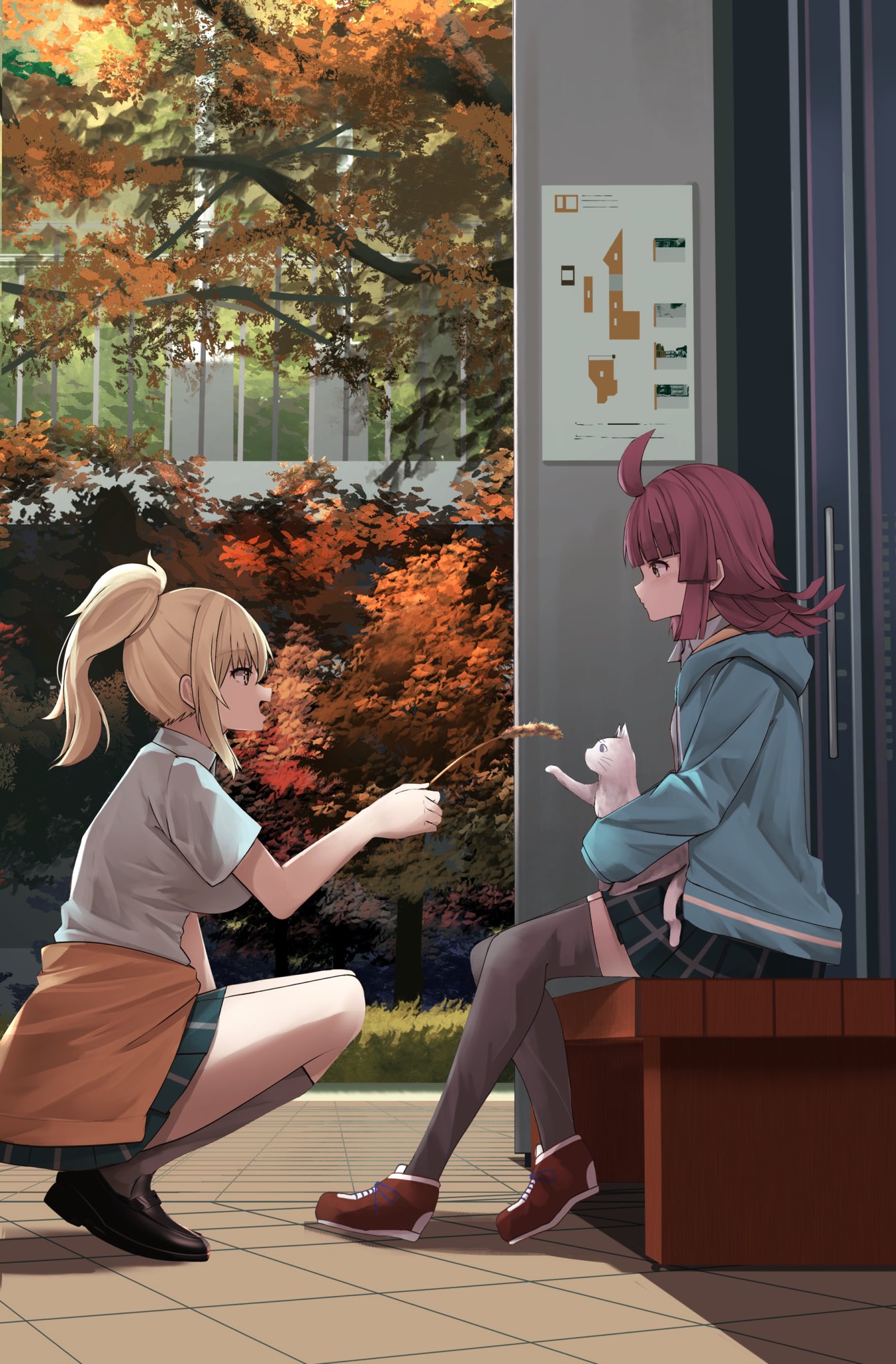 2girls ahoge backlighting bangs bench black_footwear black_skirt blonde_hair blue_hoodie blunt_bangs blunt_ends bush cat commentary flipped_hair from_side grey_socks grey_thighhighs hanpen_(nijigasaki) highres holding hood hoodie kneehighs loafers long_hair love_live! love_live!_nijigasaki_high_school_idol_club lure medium_hair miniskirt miyashita_ai multiple_girls nijigasaki_academy_school_uniform orein outdoors pink_hair ponytail profile red_footwear school_uniform shade shirt shoes short_sleeves sitting skirt sneakers socks squatting summer_uniform tennouji_rina thighhighs tied_sweater tree white_cat white_shirt zado