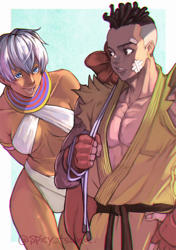 1boy 1girl :d bangs bikini blue_eyes blue_sky border breasts brown_eyes brown_hair commission dark-skinned_female dark-skinned_male dark_skin dougi earrings elena_(street_fighter) fingerless_gloves gloves jewelry karate_gi muscular muscular_male open_mouth sean_matsuda short_hair skeb_commission sky smile street_fighter swimsuit tsuna_(akmu8832) white_bikini white_border white_hair