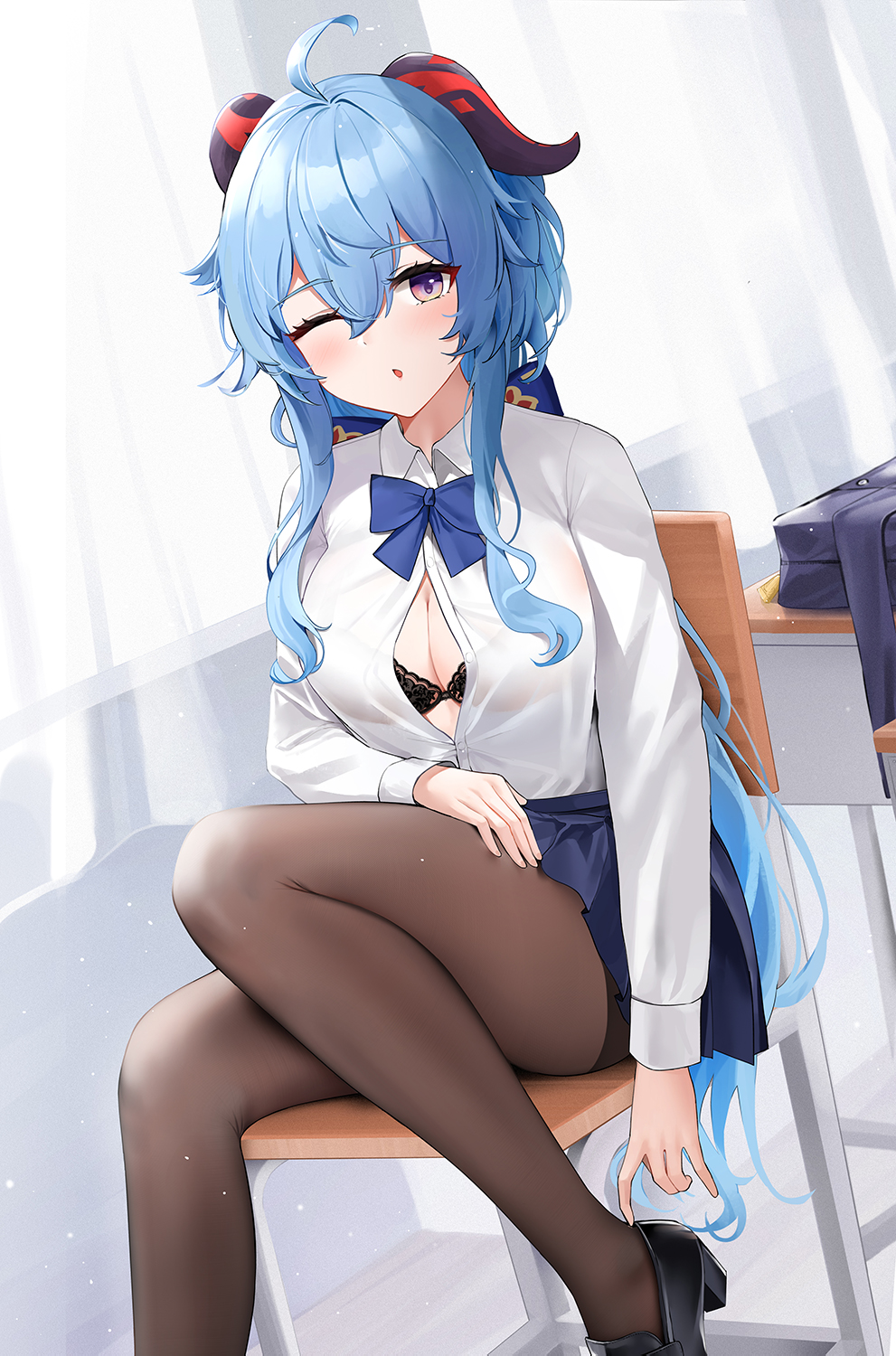 1girl adjusting_footwear ahoge alternate_costume bangs black_bra black_footwear black_pantyhose black_skirt blue_bow blue_bowtie blue_hair bow bowtie bra breasts chair classroom cleavage closed_mouth dress_shirt foot_out_of_frame ganyu_(genshin_impact) genshin_impact goat_horns gradient_eyes highres horns indoors light_smile long_hair long_sleeves looking_at_viewer miniskirt multicolored_eyes on_chair one_eye_closed open_clothes open_shirt paid_reward_available pantyhose pleated_skirt ponytail purple_eyes qing_wu school_chair school_uniform shirt shirt_tucked_in sidelocks sitting skirt solo thighs underwear