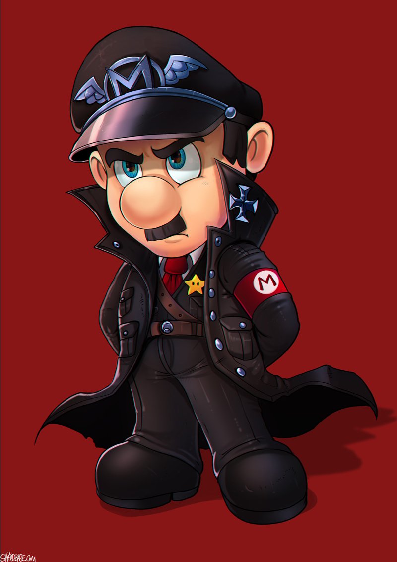 1boy arms_behind_back belt black_coat black_footwear black_headwear black_pants blue_eyes boots coat facial_hair hat mario mario_(series) mustache necktie pants red_armband red_background red_necktie shadman simple_background