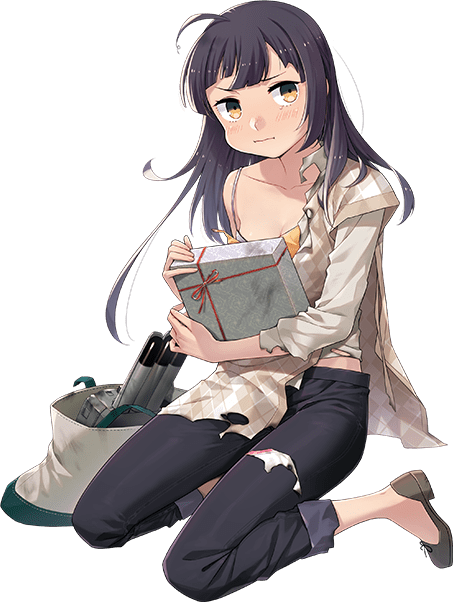 1girl ahoge black_hair black_pants box collarbone fujikawa fujinami_(kancolle) full_body gift gift_box grey_footwear grey_shirt holding holding_gift kantai_collection long_hair official_alternate_costume official_art pants shirt shoes solo torn_clothes torn_vest torpedo transparent_background vest yellow_eyes