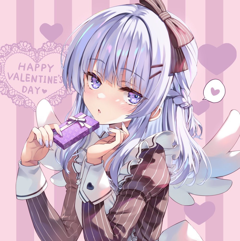 1girl bangs blush bow box gift hair_bow hair_ornament hairpin half_updo heart holding holding_gift looking_at_viewer nail nail_polish open_mouth original sidelocks solo tomose_shunsaku valentine white_hair wings