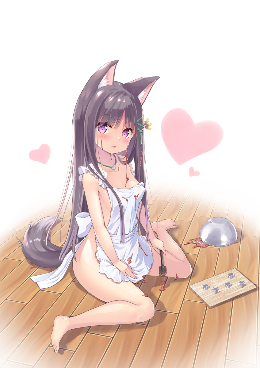 1girl animal_ears apron bowl breasts brown_hair chocolate chocolate_on_body chocolate_on_breasts chocolate_on_clothes chocolate_on_face chocolate_on_legs cookie_cutter cutting_board food food_on_body food_on_face full_body heart highres jewelry long_hair looking_at_viewer medium_breasts messy naked_apron necklace original purple_eyes sexually_suggestive sitting smile spatula tail tenjou_ryuka valentine wariza