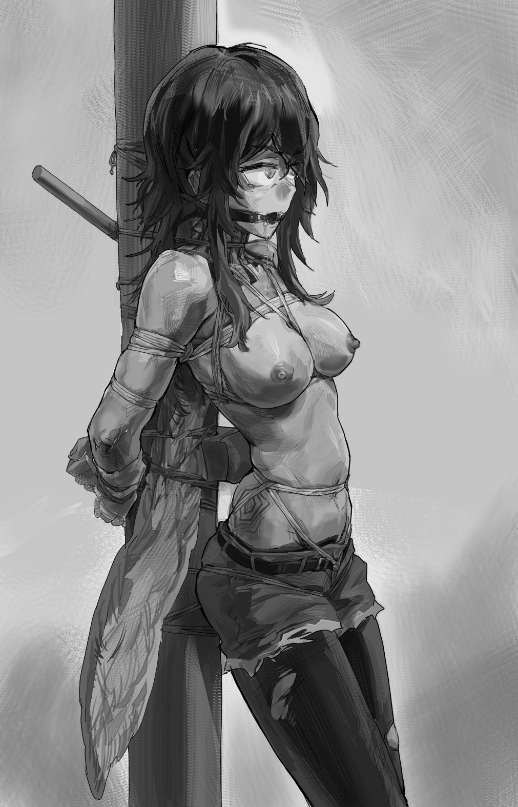 1girl a_tea arknights arms_behind_back bdsm belt black_pantyhose bondage bound brown_hair commission denim denim_shorts flint_(arknights) gag greyscale highres monochrome navel nipples pantyhose restrained second-party_source shorts skindentation tattoo topless torn_clothes