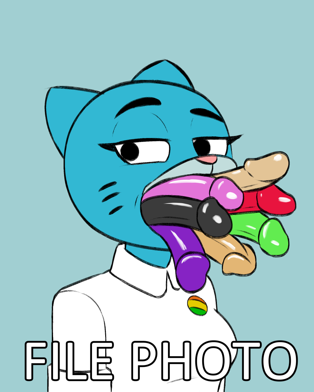 2023 anthro blue_body blue_fur callmewritefag cartoon_network clothed clothing colored colored_sketch digital_drawing_(artwork) digital_media_(artwork) dildo dildo_fellatio dildo_in_mouth domestic_cat english_text felid feline felis female file_photo fur hi_res looking_at_viewer mammal mature_anthro mature_female meme nicole_watterson oral oral_penetration penetration sex_toy sex_toy_in_mouth sex_toy_insertion simple_background sketch solo text the_amazing_world_of_gumball