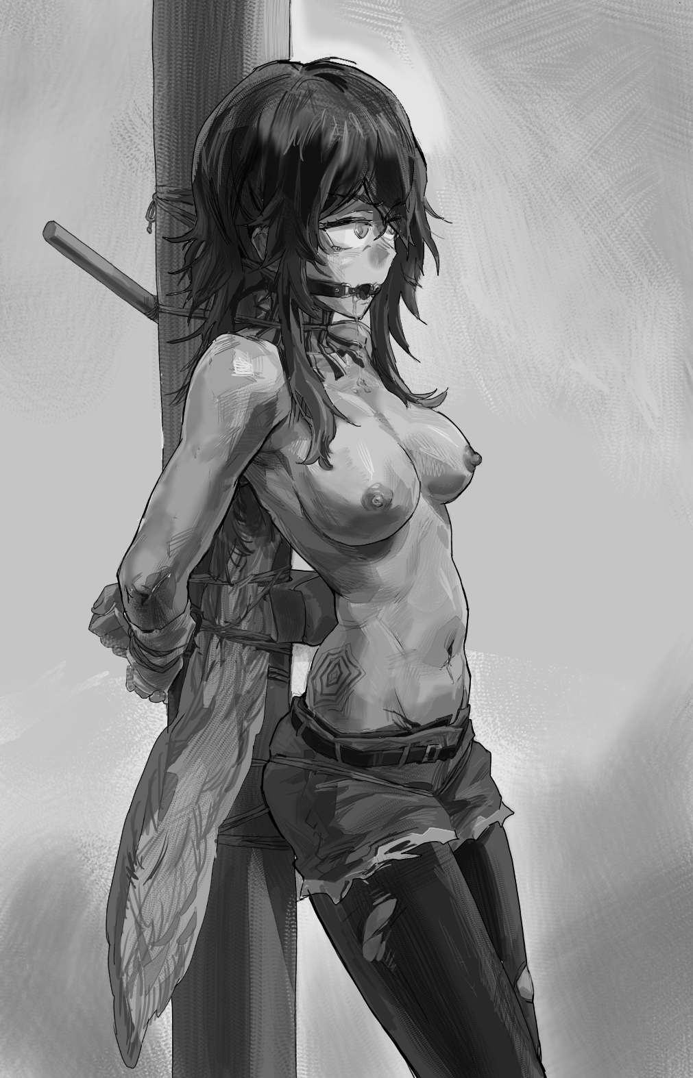 1girl a_tea arknights arms_behind_back bdsm belt black_pantyhose bondage bound brown_hair commission denim denim_shorts flint_(arknights) gag greyscale highres monochrome navel nipples pantyhose restrained second-party_source shorts skindentation tattoo topless torn_clothes