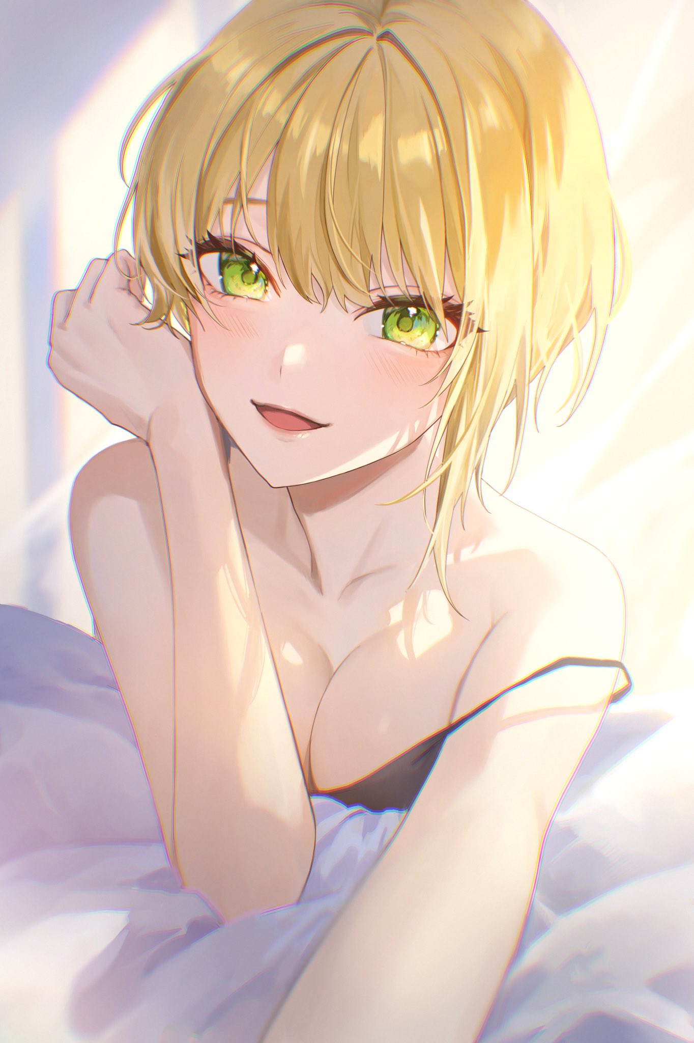 1girl bangs bare_shoulders black_camisole blonde_hair blurry blurry_background breasts camisole cleavage eyebrows_hidden_by_hair eyelashes foreshortening green_eyes hand_up highres idolmaster idolmaster_cinderella_girls light_blush looking_at_viewer magako medium_breasts miyamoto_frederica open_mouth outstretched_arm reaching_towards_viewer short_hair sidelighting smile solo strap_slip upper_body