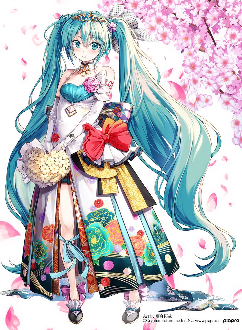1girl aqua_eyes aqua_hair bangs bare_shoulders black_footwear blush bouquet bow branch breasts commentary_request dress elbow_gloves flower fujima_takuya gloves hair_between_eyes hatsune_miku heart holding holding_bouquet long_hair looking_at_viewer parted_lips petals pink_flower red_bow shoes simple_background sleeveless sleeveless_dress small_breasts solo twintails very_long_hair vocaloid white_background white_dress white_flower white_gloves