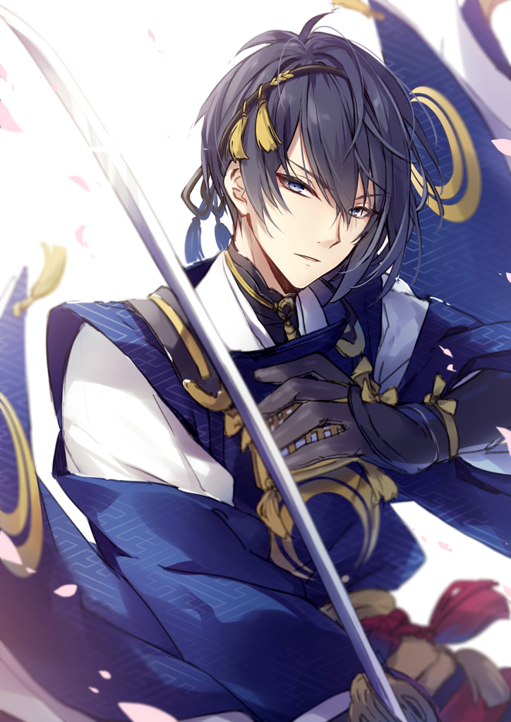 1boy black_gloves blue_background blue_eyes blue_hair dark_blue_hair expressionless gloves holding holding_sword holding_weapon japanese_clothes long_sleeves looking_at_viewer male_focus mikazuki_munechika mochizuki_shiina multicolored_background parted_lips short_hair solo sword teeth touken_ranbu weapon white_background