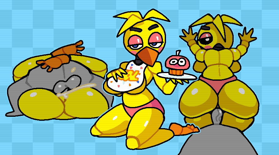 animatronic anthro avian back_boob balls beak bib big_breasts big_butt bird black_sclera blue_background blue_eyes bodily_fluids breasts butt checkered_background chicken clothing crushtrap cum cum_inside duo ejaculation eyeshadow female first_person_view five_nights_at_freddy's five_nights_at_freddy's_2 from_front_position galliform gallus_(genus) genital_fluids genitals head_feathers head_tuft huge_butt human kneeling looking_back machine makeup male male/female mammal mating_press multiple_poses panties pattern_background penis phasianid pink_clothing pink_eyeshadow pink_panties pink_underwear pose robot scottgames sex simple_background thick_thighs toy_chica_(fnaf) tuft underwear white_eyes wide_hips yellow_body