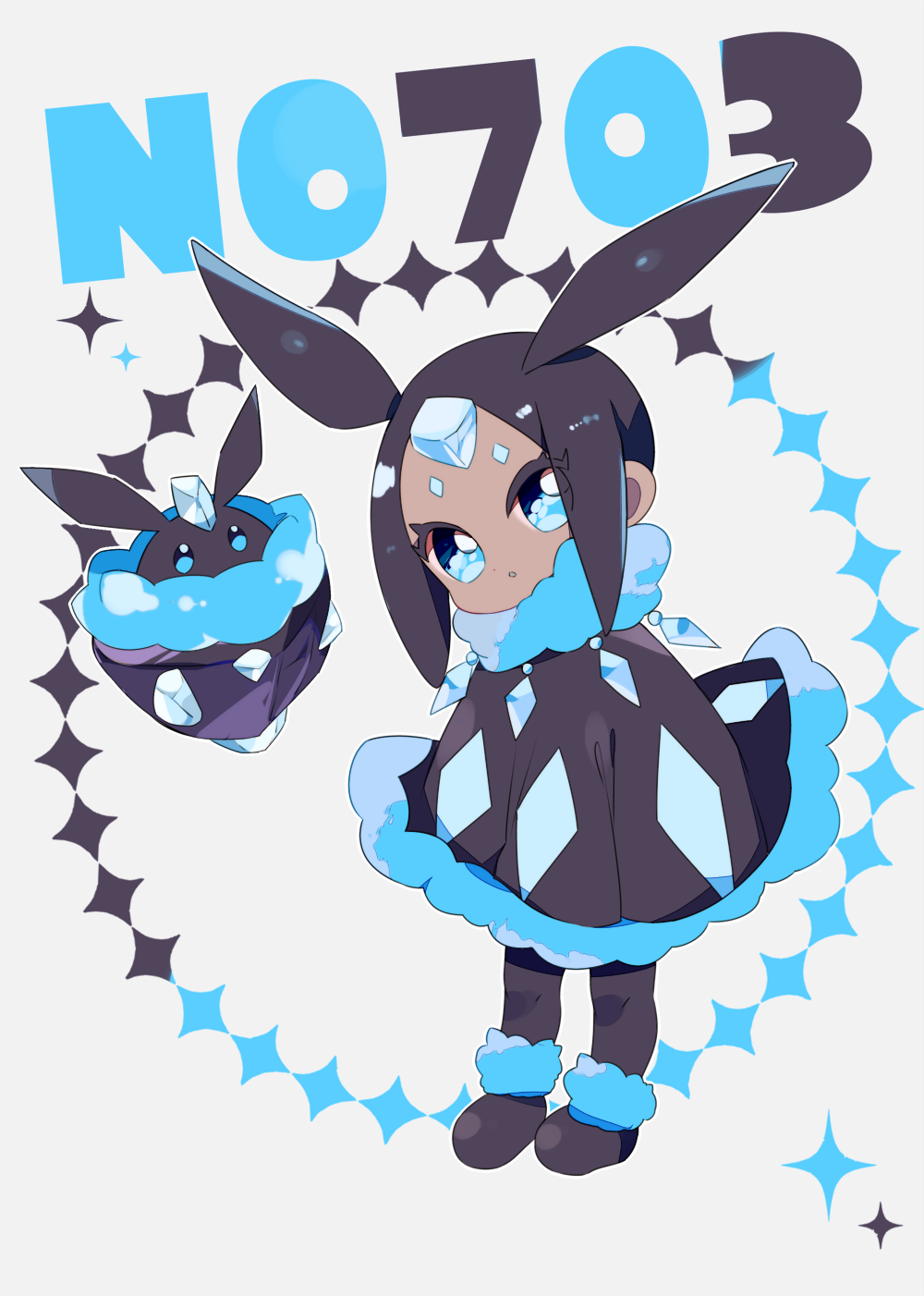 1girl alternate_color black_footwear black_hair black_pantyhose blue_eyes carbink cloak creature_and_personification crystal dot_nose eyelashes hair_ears highres medium_hair open_mouth pantyhose personification pokemon shiny_pokemon solo sparkling_eyes yuzu_ichika