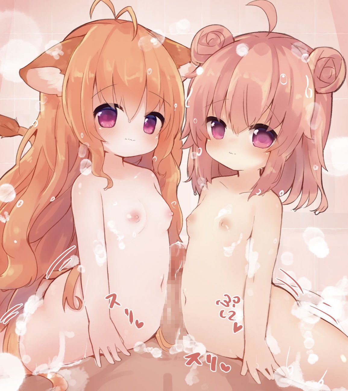 1boy 2girls ahoge animal_ear_fluff animal_ears bath bellyjob breasts brown_hair cat_ears cat_girl censored completely_nude double_bun erection frottage girl_sandwich hair_bun highres long_hair looking_at_viewer mosaic_censoring multiple_girls navel nipples nude original penis pink_eyes pink_hair sandwiched short_hair small_breasts smile soap stomach sunapua