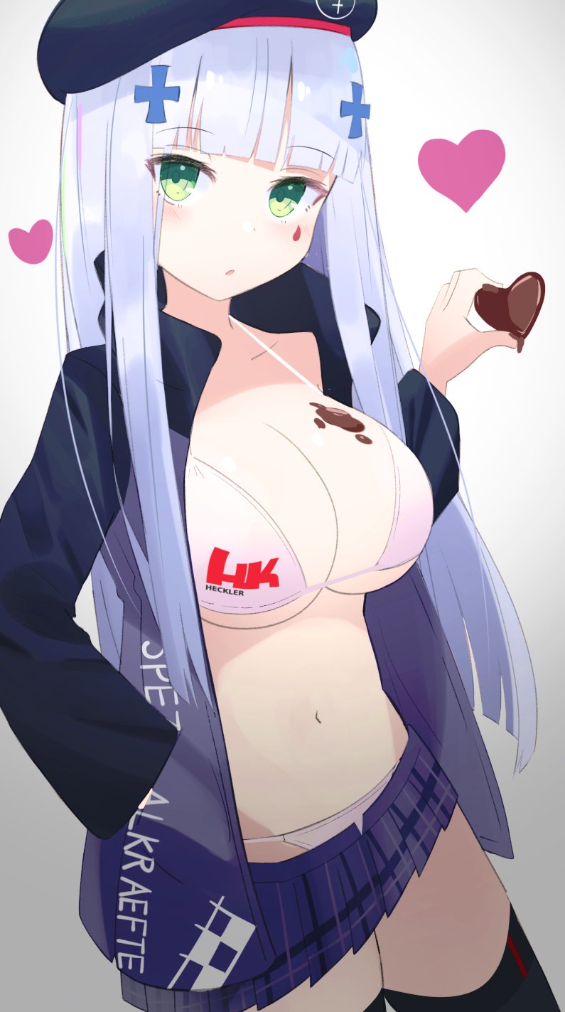 1girl bangs beret bikini bikini_under_clothes black_headwear blunt_bangs breasts candy chocolate chocolate_on_body chocolate_on_breasts cleavage commentary_request cowboy_shot food food_on_body girls'_frontline gradient_background green_eyes grey_hair hair_ornament hand_in_pocket hat heart heart-shaped_chocolate heckler_&amp;_koch highres hk416_(girls'_frontline) holding holding_chocolate holding_food jacket large_breasts long_hair looking_at_viewer melting navel open_clothes open_jacket pleated_skirt purple_skirt skirt solo swimsuit thighhighs uraga_shigure white_bikini