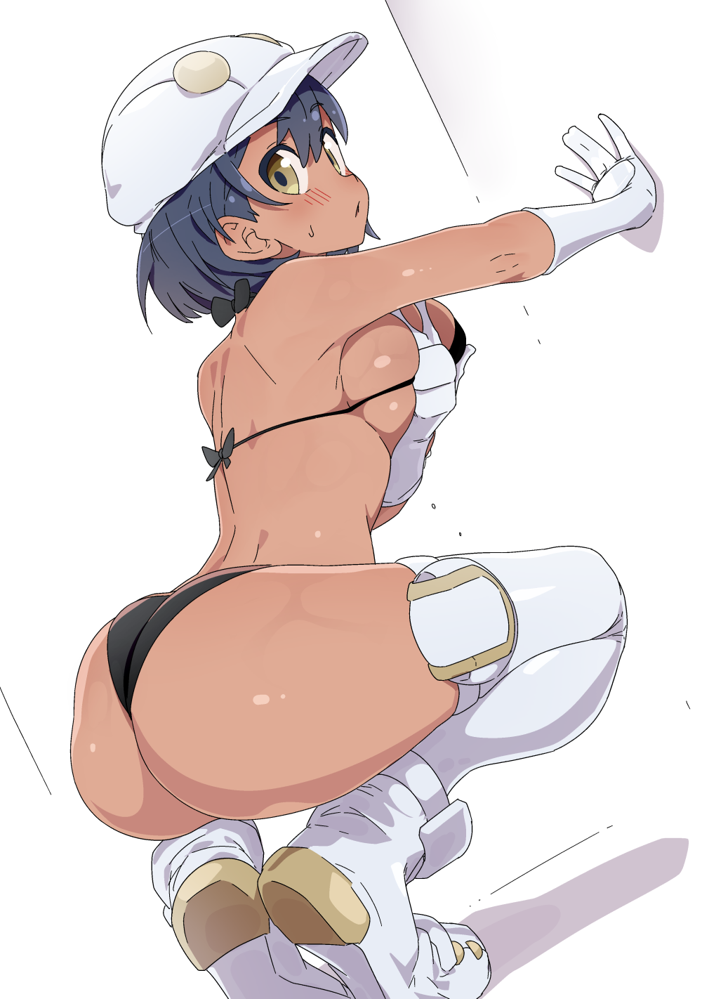 1girl aether_foundation_employee against_wall ass bikini black_bikini black_hair breasts closed_mouth commentary_request dark_skin from_behind gloves hat highres large_breasts looking_at_viewer pokemon pokemon_(game) pokemon_sm short_hair sideboob solo squatting swimsuit tan tottotonero white_background white_footwear white_gloves white_headwear yellow_eyes