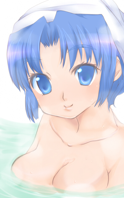 asakura_ryouko bath blue_eyes blue_hair breasts eryu large_breasts nude solo suzumiya_haruhi_no_yuuutsu towel water