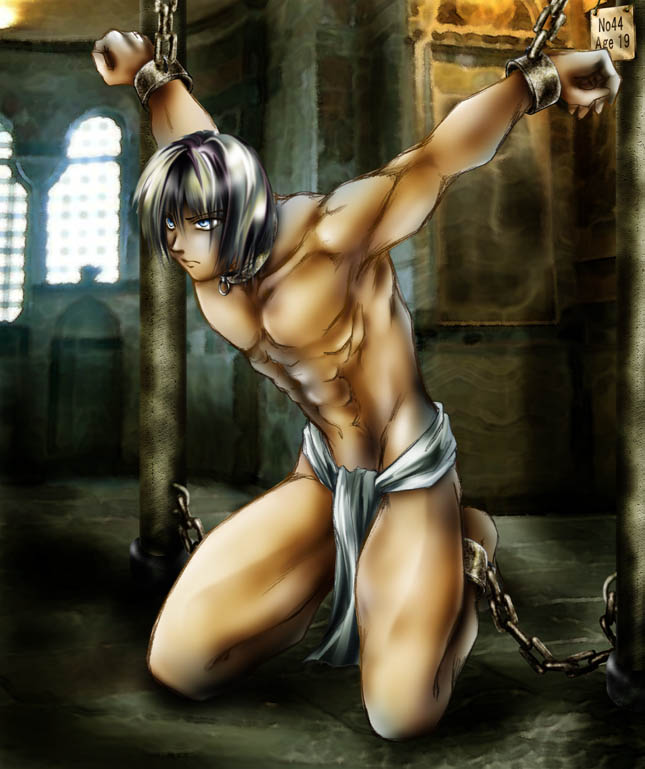 artist_request bdsm blue_eyes bondage bound chains collar loincloth male male_focus silver_hair slave
