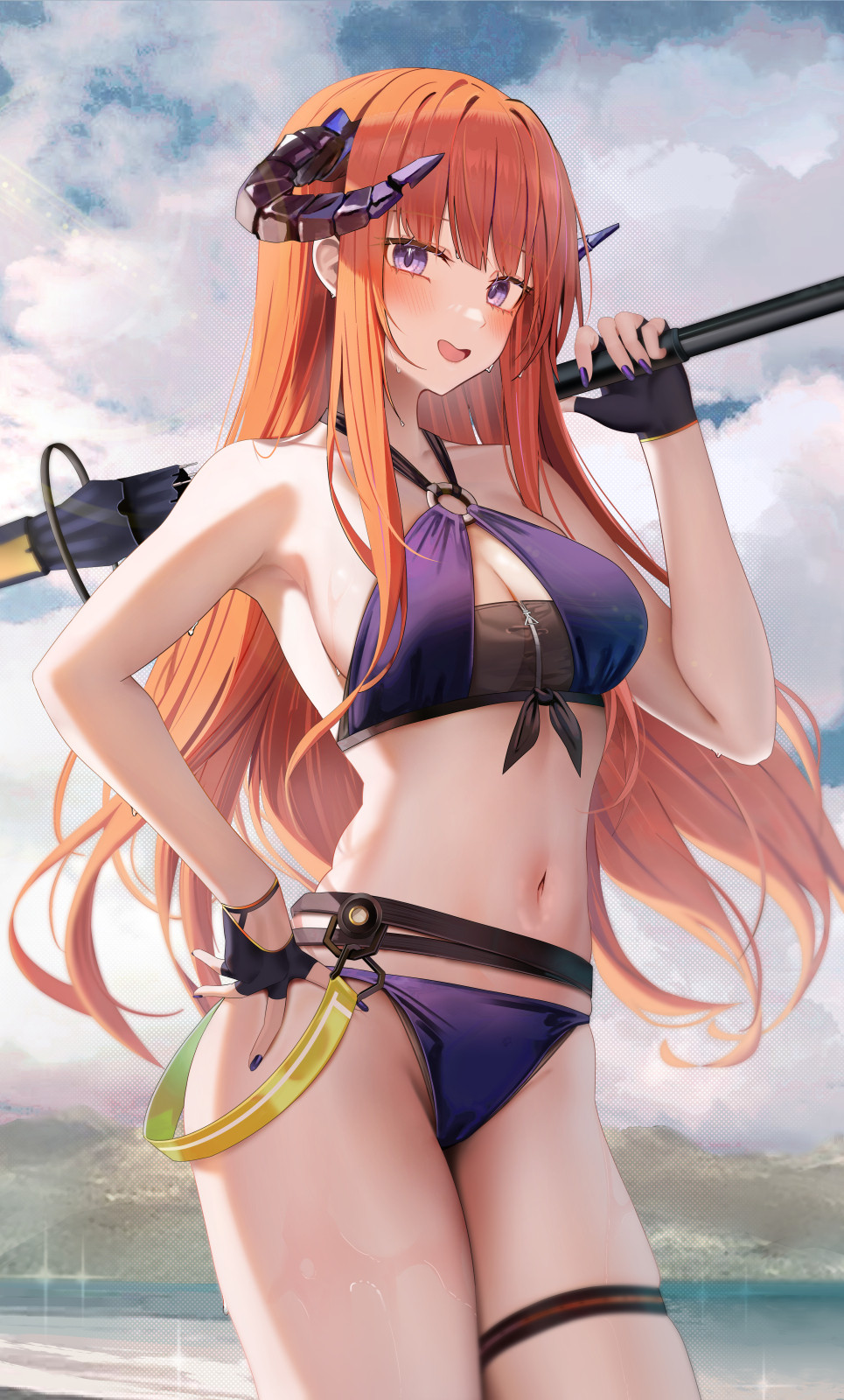 1girl arknights bagpipe_(arknights) bagpipe_(queen_no._1)_(arknights) bangs bikini black_gloves blue_bikini blue_eyes blush fingerless_gloves gloves hand_on_hip highres holding horns long_hair nail_polish navel o-ring o-ring_bikini official_alternate_costume open_mouth orange_hair outdoors ru_zhai smile stomach swimsuit thigh_strap thighs