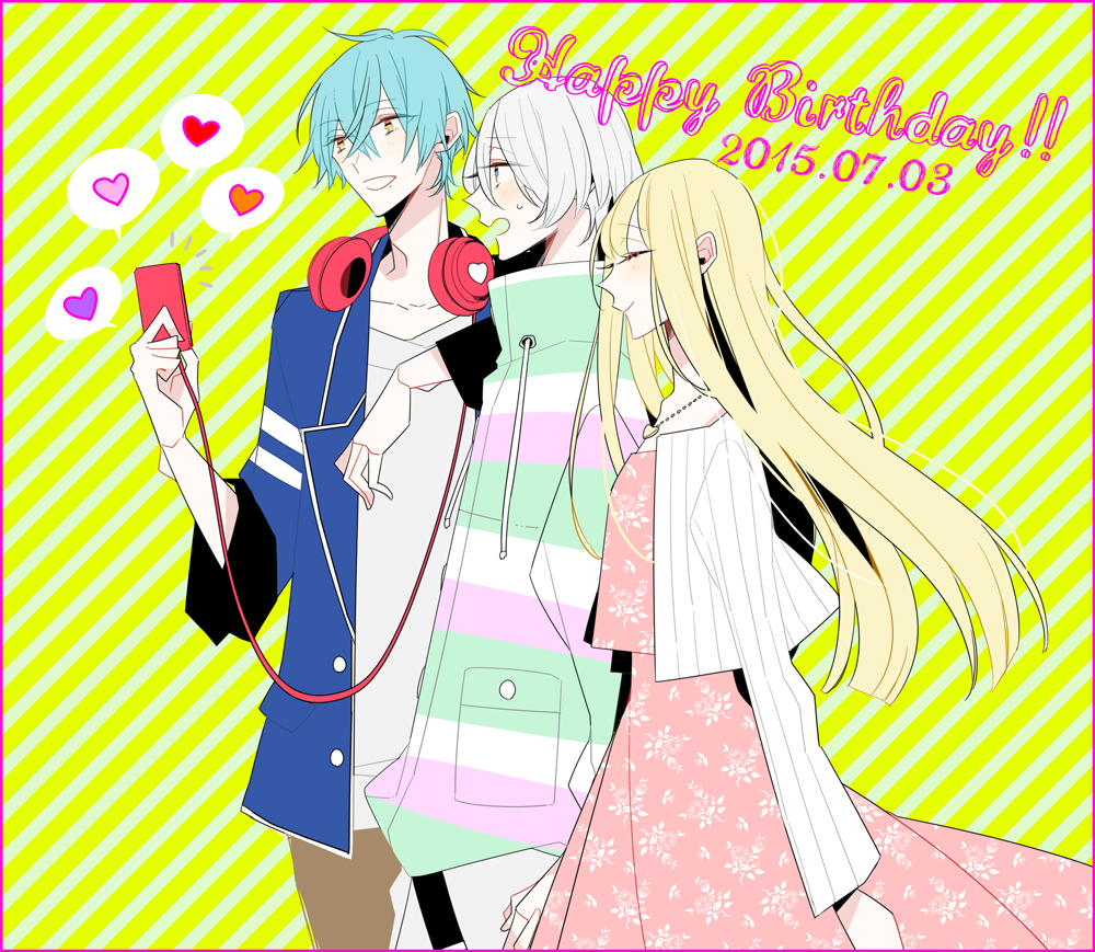 1girl 2015 2boys blonde_hair blue_eyes blue_hair blue_jacket cardigan closed_eyes dated dress happy_birthday jacket long_hair long_sleeves mihara_suzu multiple_boys otonari_kanade pink_dress possession_magenta shirt shizuma_souta short_hair unm777 white_hair white_shirt yellow_eyes