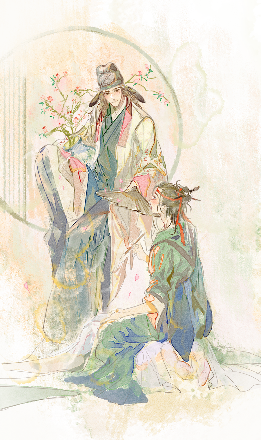 2boys black_hair blue_robe branch brown_hair chinese_clothes coat flower folding_fan full_body green_robe guan_hat hair_bun hair_pulled_back hand_fan hanfu hat headband highres holding holding_fan holding_paintbrush indoors knee_up long_hair long_sleeves looking_at_another looking_away looking_down looking_to_the_side looking_up male_focus multiple_boys no_shoes one_hundred_scenes_of_jiangnan paintbrush paintbrush_hair_ornament petals pink_flower red_ribbon ribbon robe round_window shen_zhou single_hair_bun sitting sitting_in_window smile socks soles tang_yin tasuki traditional_media vase white_coat wide_sleeves window yinertang