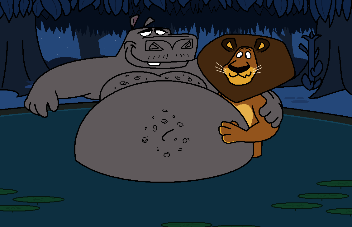 alakay_alex anthro belly belly_hair big_belly body_hair chest_hair common_hippopotamus dangerthedragon dreamworks duo facial_hair felid hand_on_stomach hippopotamid lion madagascar_(series) male male/male mammal mane moto_moto navel overweight pantherine size_difference smile water