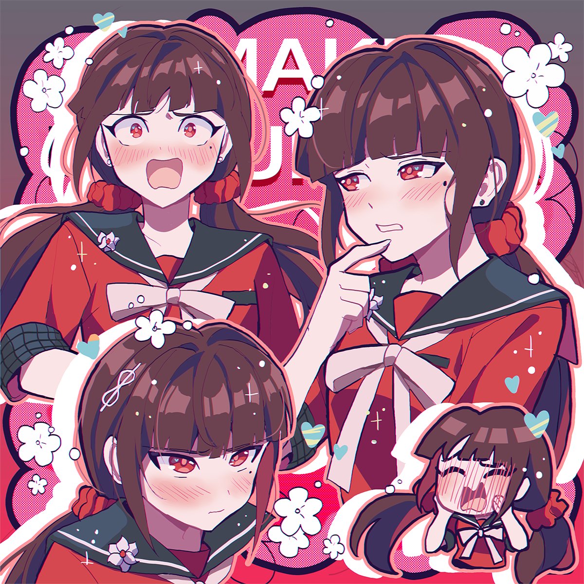 1girl bangs black_sailor_collar blunt_bangs blush brown_hair character_name cheer_(cheerkitty14) cropped_torso danganronpa_(series) danganronpa_v3:_killing_harmony grey_ribbon hair_ornament hair_scrunchie hairclip hand_up harukawa_maki highres index_finger_raised long_hair mole mole_under_eye pink_background red_eyes red_scrunchie red_shirt ribbon sailor_collar scrunchie shirt solo teeth upper_body white_ribbon