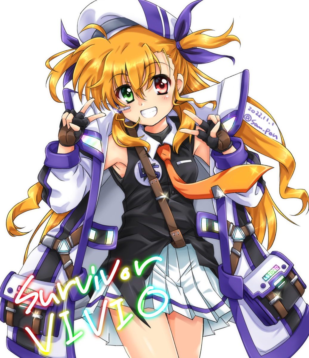 1girl armpits artist_name black_gloves blonde_hair blush breasts dated double_v fingerless_gloves gloves grin hat heterochromia highres long_hair looking_at_viewer lyrical_nanoha mahou_shoujo_lyrical_nanoha_strikers mahou_shoujo_lyrical_nanoha_vivid miniskirt pleated_skirt san-pon simple_background skirt sleeveless small_breasts smile solo v vivid_strike! vivio white_background white_skirt