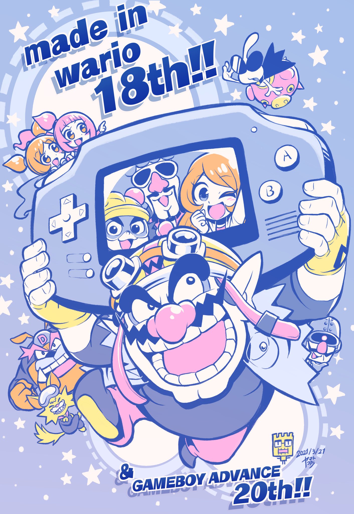 3girls 6+boys 9-volt :d ;d adjusting_eyewear afro ana_(warioware) anniversary arm_up artist_name bangs blue_background blue_jacket blunt_bangs blush cat cleft_chin commentary_request copyright_name dated dog dr._crygor dribble_(warioware) facial_hair fingerless_gloves fronk game_boy_advance gloves goggles goggles_on_head hand_up handheld_game_console helmet high_ponytail highres holding holding_handheld_game_console jacket jimmy_t kat_(warioware) koaraymt mona_(warioware) multiple_boys multiple_girls mustache one_eye_closed open_clothes open_jacket open_mouth orange_eyes orange_hair orbulon pants pink_eyes pink_hair pointing pointy_ears ponytail red_pants shirt short_twintails sidelocks simple_background sleeveless sleeveless_jacket smile spitz star_(symbol) starry_background sunglasses swept_bangs teeth twintails wario warioware yellow_gloves